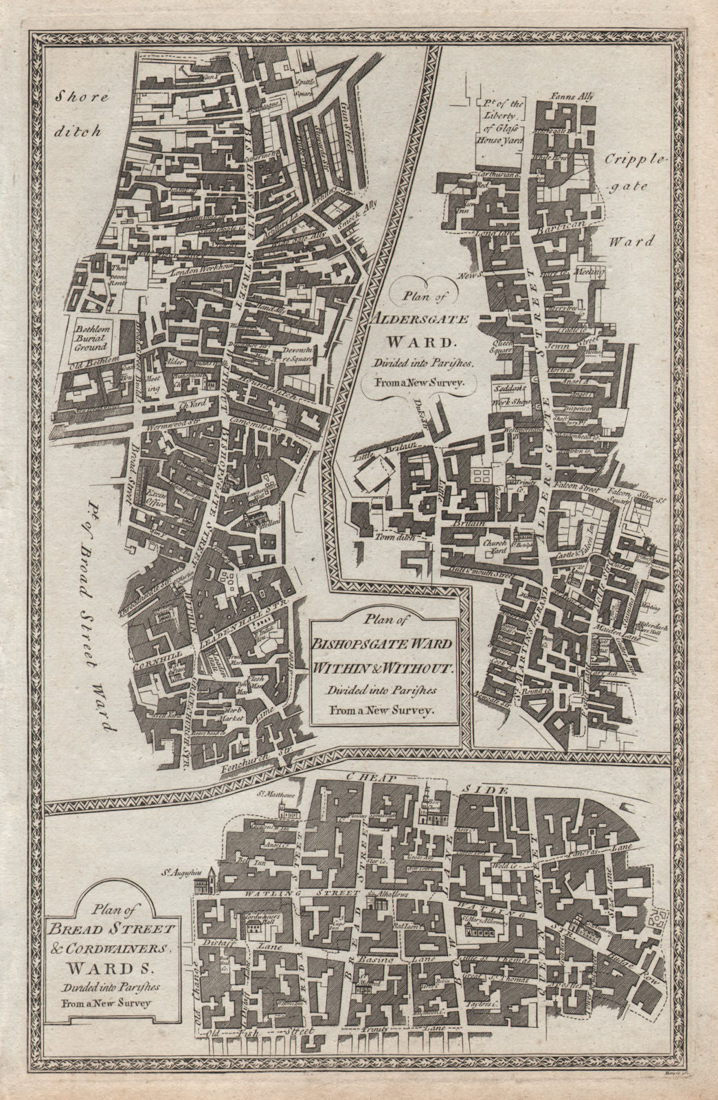 Bishopsgate Aldersgate Bread St Cordwainer Wards. City/London. THORNTON 1784 map